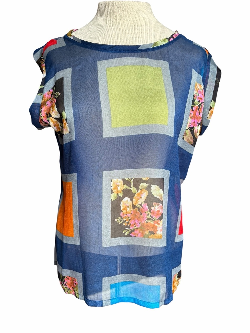 Navy Floral Geometric Sheer Cap-Sleeve Blouse with Lace Back